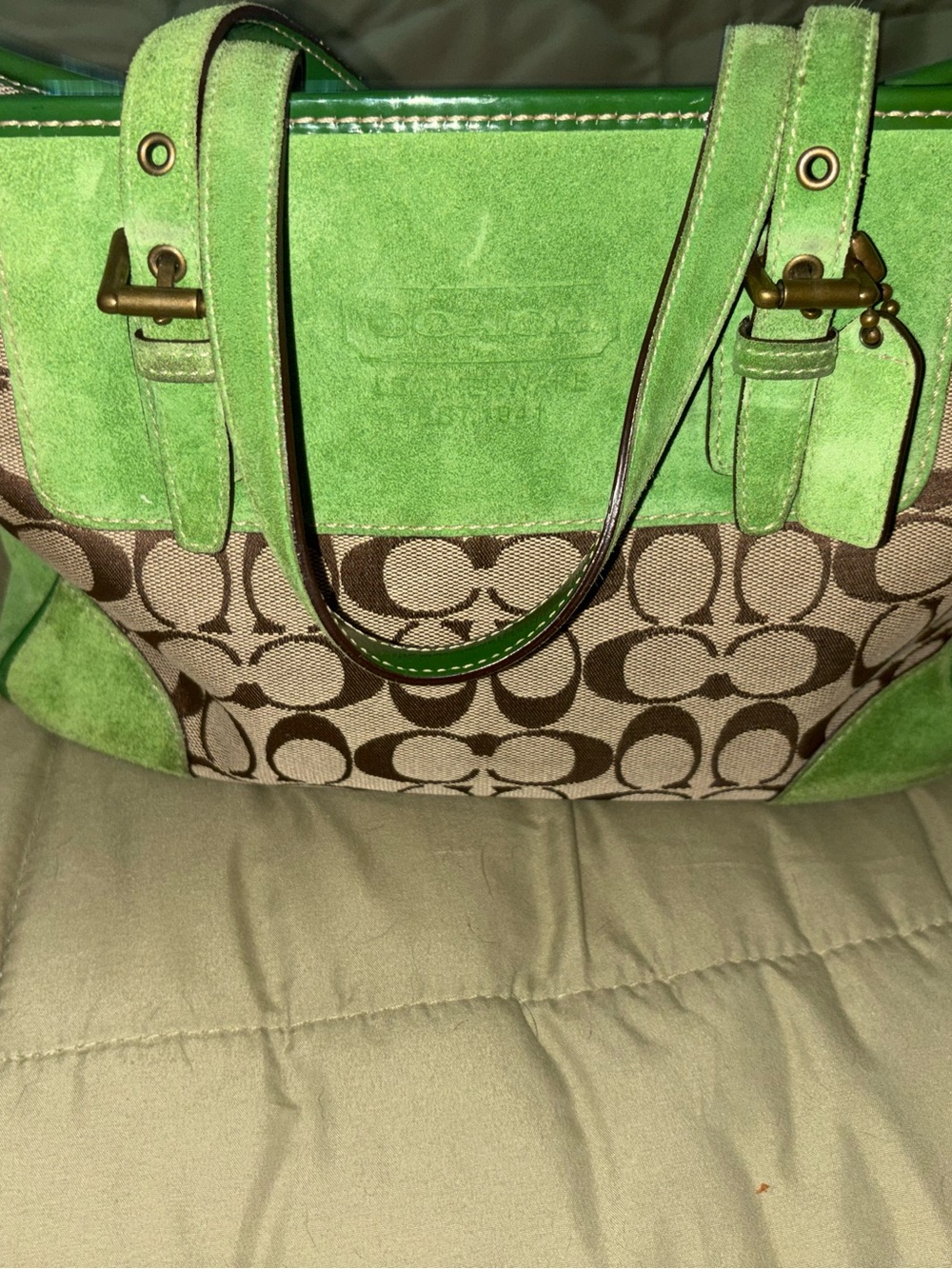 Coach Brown Signature Canvas Tote with Green Suede Trim
